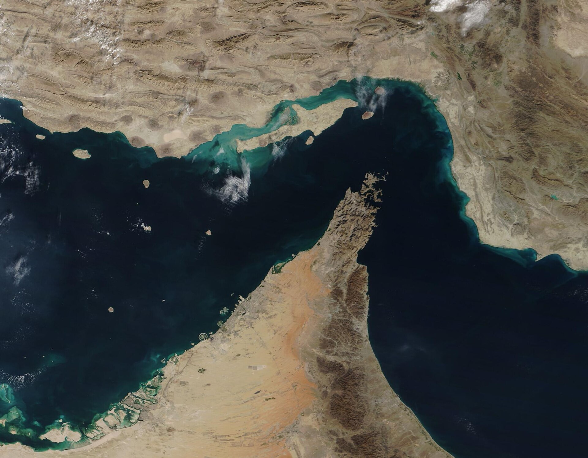 Satellite view of the Strait of Hormuz captured by NASA's MODIS instrument