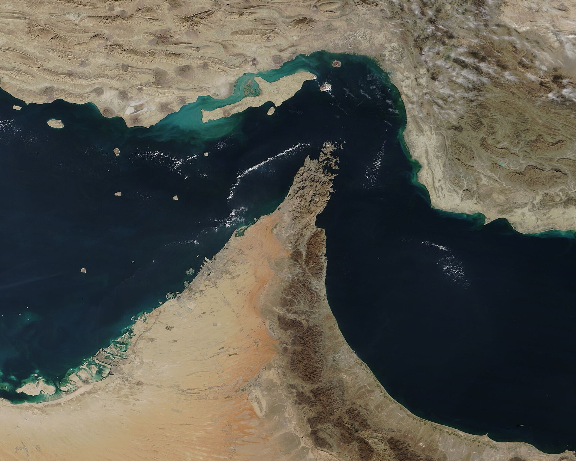 Satellite image of the Strait of Hormuz and the Musandam Peninsula